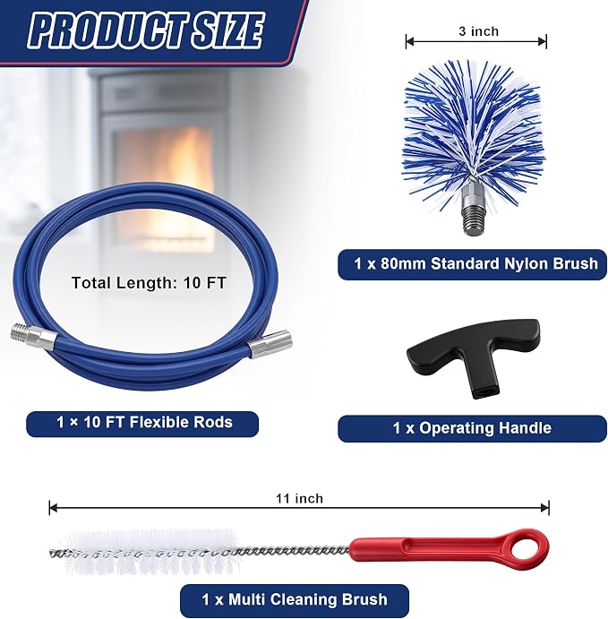 Dreyoo Pellet Stove Cleaning Brush Kit, 10 FT Flexible Steel Rod with 3" Brush Head, T Handle, Multi Purpose Flue Detail Cleaner, Nylon Stove Flue Pipe Kit for Pellet Furnace Exhaust Pipes