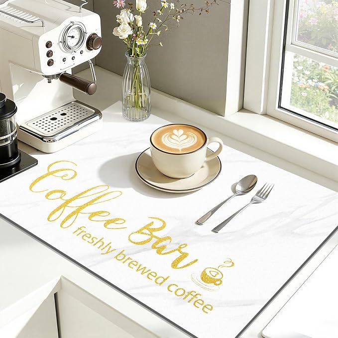 Findosom Dish Drying Mat, 16"x 24" Super Absorbent & Hide Stain Coffee Mat, Cuttable Drying Mat for Kitchen Counter, Coffee Bar Accessories, Under Dish Rack, Coffee Maker, Espresso Machine, White