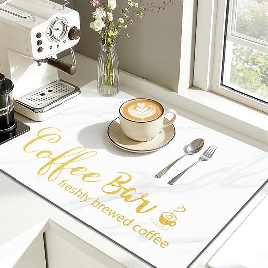 Findosom Dish Drying Mat, 12"x 20" Super Absorbent & Hide Stain Coffee Mat, Cuttable Drying Mat for Kitchen Counter, Coffee Bar Accessories, Under Dish Rack, Coffee Maker, Espresso Machine, White