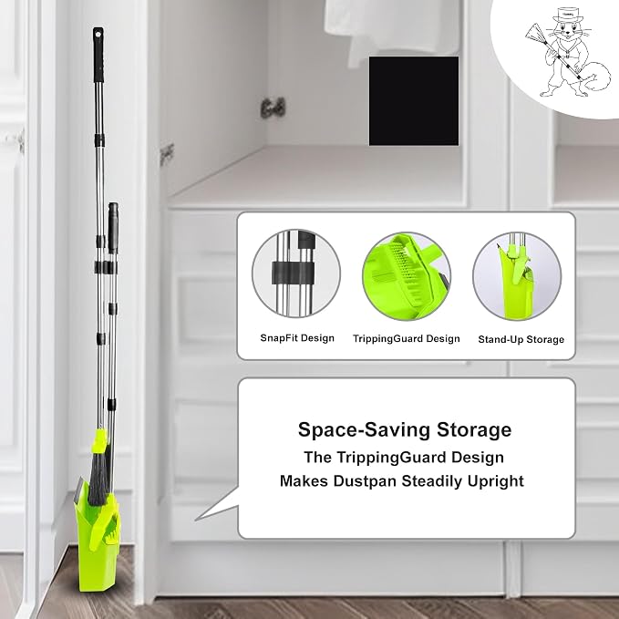 Broom and Dustpan Set for Home, 51" Long Handle Standing Pan Light Green | Self-Cleaning Dust Pan and Brooms, ZeroGap Lip, Upright Storage Broom Combo for Kitchen Lobby Office Restaurant Indoor