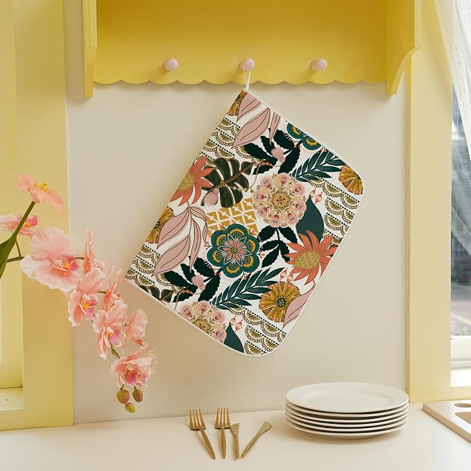 Boho Dish Drying Mat 18 x 24 Inch Pink Green Floral Drying Mat for Kitchen Counter Absorbent Bohemian Tropicla Leaves Spring Summer Dishes Dry Pad for Drainer Rack Kitchen Fast Dry