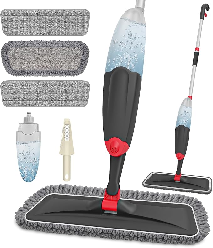 HOMTOYOU Microfiber Hardwood Floor Mop: Spray Mop for Cleaning Wood Floors | Wet Mopping & Dry Sweeping, 3 Reusable Refill Pads, 1Pcs 400+ML Refillable Bottle, 360° Swivel Head, Black
