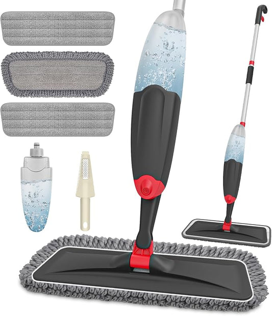 HOMTOYOU Microfiber Hardwood Floor Mop: Spray Mop for Cleaning Wood Floors | Wet Mopping & Dry Sweeping, 3 Reusable Refill Pads, 1Pcs 400+ML Refillable Bottle, 360° Swivel Head, Black