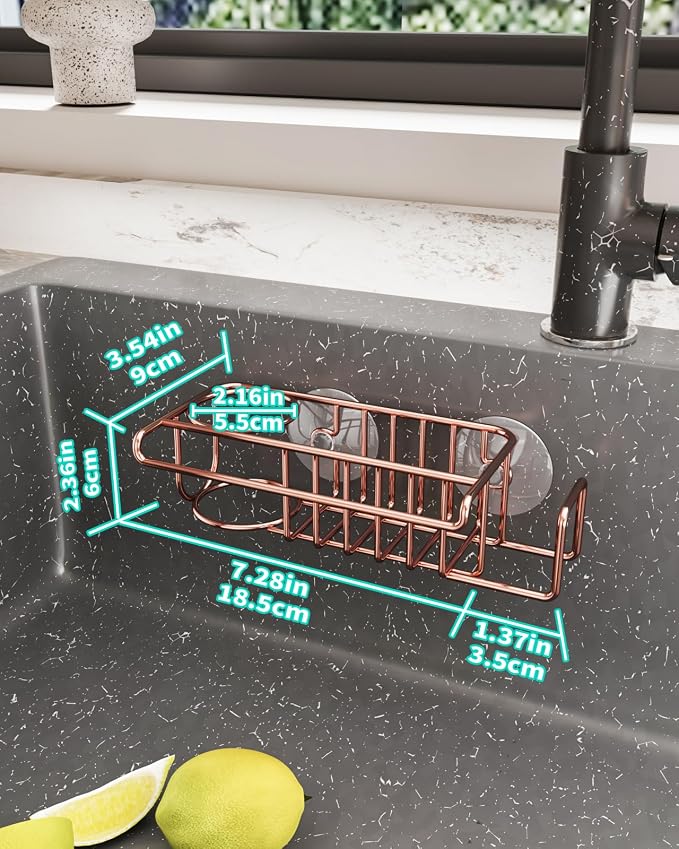 HapiRm Sponge Holder for Kitchen Sink, No Drill Kitchen Sink Caddy Organizer, Rustproof and Waterproof Dish Sponge Holder - Rose Gold