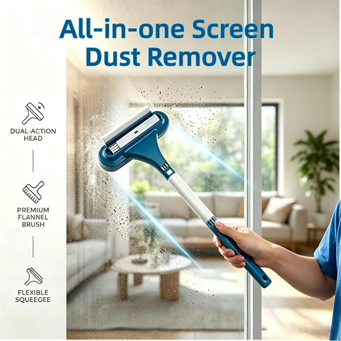 3-in-1 Screen Cleaning Brush with Squeegee - Window Mesh Cleaner & Pet Hair Remover for Couch, Door Mesh & Window Groove, Dust Removal Brush for Home Cleaning (Cyan Blue)