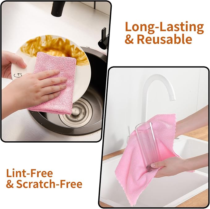 80 Pack Microfiber Cleaning Cloth Roll,Lint Free Rags & Tear Away Reusable Towels Washable Scratch,Ultra Absorbent Dish Rags(12" x 12") for Car Kitchen Home Garage-Pink