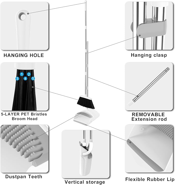 Broom and Dustpan Set, 52" Adjustable Handle Broom, White | Dustpan Self-Cleaning Teeth for Hair, 52" Long Handle Standing dustpan,Suitable for Home Kitchen Office Hall Floor