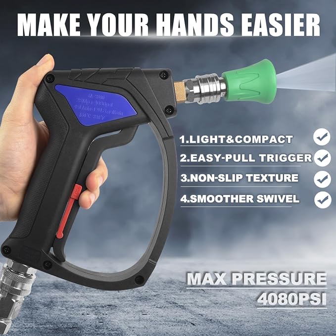 Short Pressure Washer Gun with 3/8" Swivel, 4080PSI | Stubby Power Washer Gun,with 25° Soft Pressure Washer Nozzle, M22-15mm & 3/8 Adapter for Car Washing