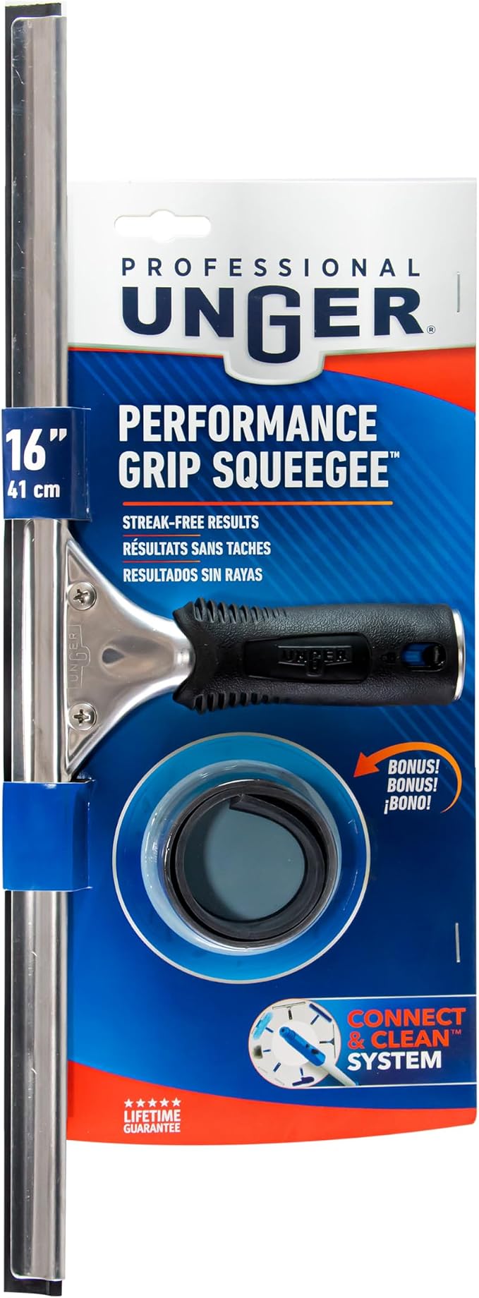 Unger Connect and Clean 16” Performance Window and Glass Cleaning Squeegee with Replacement Rubber, Cleaning Supplies, Heavy Duty Household Cleaner Tools with Streak-Free Results