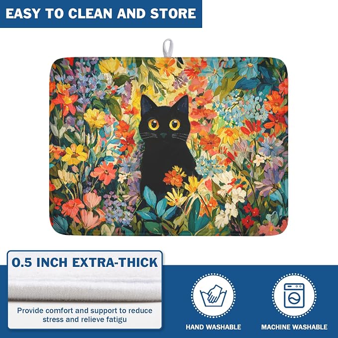 Spring Summer Floral Cat Dish Drying Mat for Kitchen Counter Abstract Oil Painting Wildflower Microfiber Dish Drainer Mat Rustic Absorbent Washable Drying Pad Extra Large 18"x24"