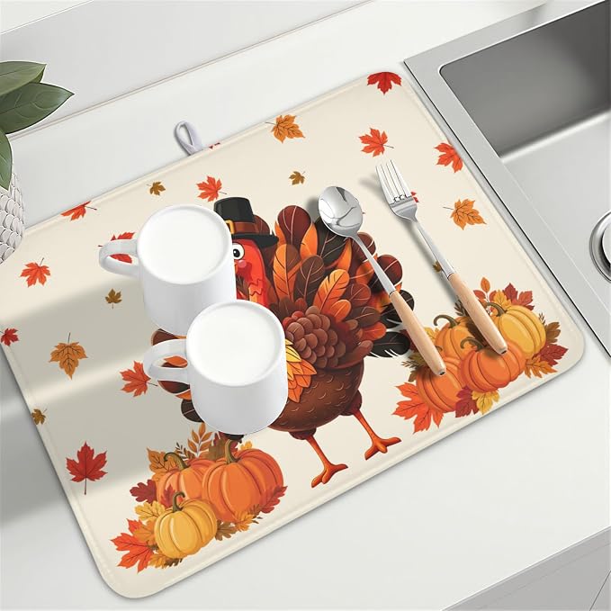 Thanksgiving Dish Drying Mat for Kitchen Counter Autumn Harvest Turkey Pumpkin Maple Leaves Microfiber Dish Drainer Mat Rustic Fall Holiday Absorbent Washable Drying Pad 18"x24"