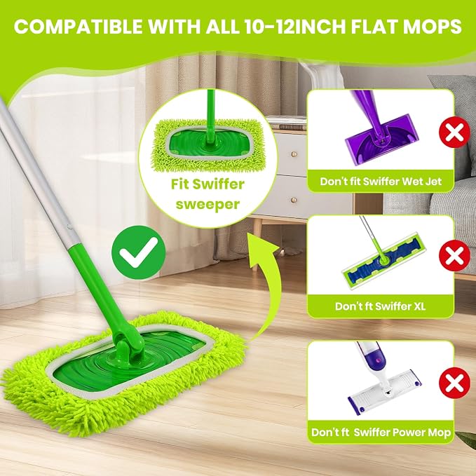 8 Pack Chenille Mop Refill Pads, Reusable Microfiber Mop Pads for 10''–12'' Flat Mops, Washable Dry& Wet Pads Refill for Hardwood, Tile, Compatible with Swiffer Sweeper