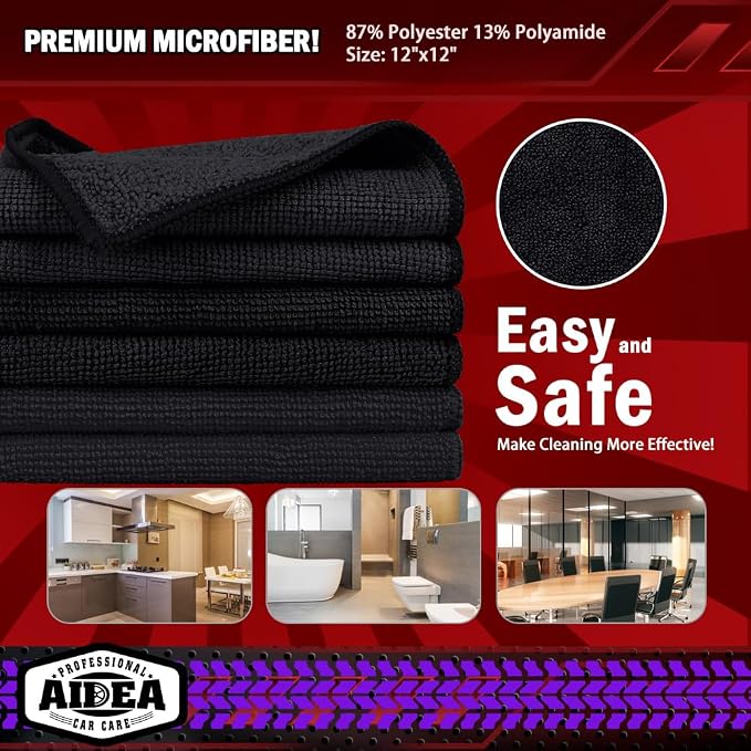AIDEA Microfiber Cleaning Cloth-10PK, Black Microfiber Towels,12×12" | Microfiber Towels for Cars, Wash Cloths, Lint Free Cleaning Rags for SUVs, House, Kitchen, Window, Car Cleaning Wipes