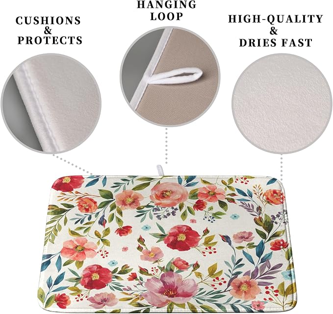 Floral Dish Drying Mat for Kitchen Counter Absorbent Microfiber Dishes Drying Pad Cute Flowers Dish Drainer Rack Mats Washable Coffee Sink Mat Extra Large 18"x24" Dish Mat
