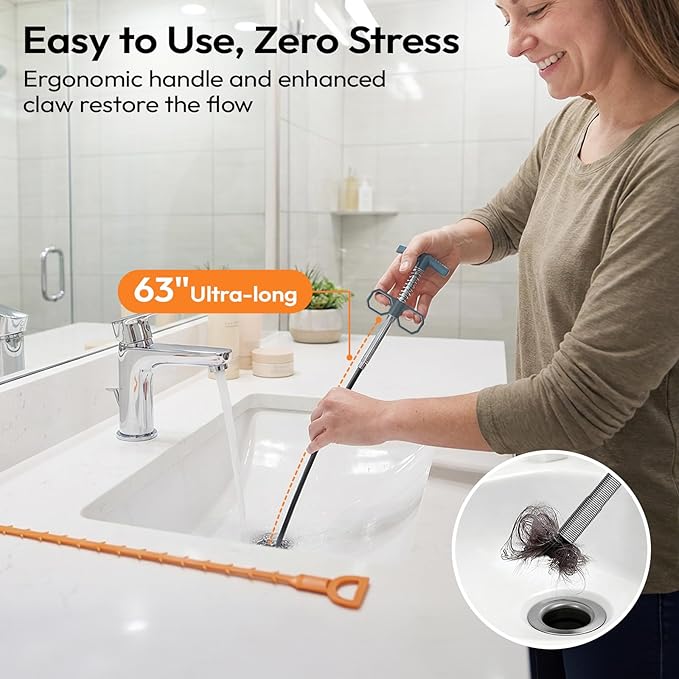 Drain Snake Clog Remover Set, 63" Metal & 20" Plastic Hair Snake | 1x Metal Drain Auger, 6x Snake Drain Hair Removal Tool, Flexible Plumbing Snake for Bathroom Sink, Bathtub, Shower, Kitchen
