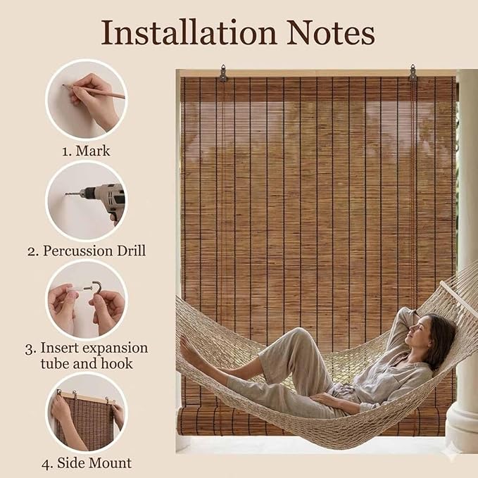 Bamboo Shades for Outdoor Patio, Natural Reed Roller Blinds for Indoor Windows, Retro Cordless Shades 20 22 27 30 36 48 72in Outside Privacy Bamboo Roll Up Shades(Natural White,56" W x 72" H)
