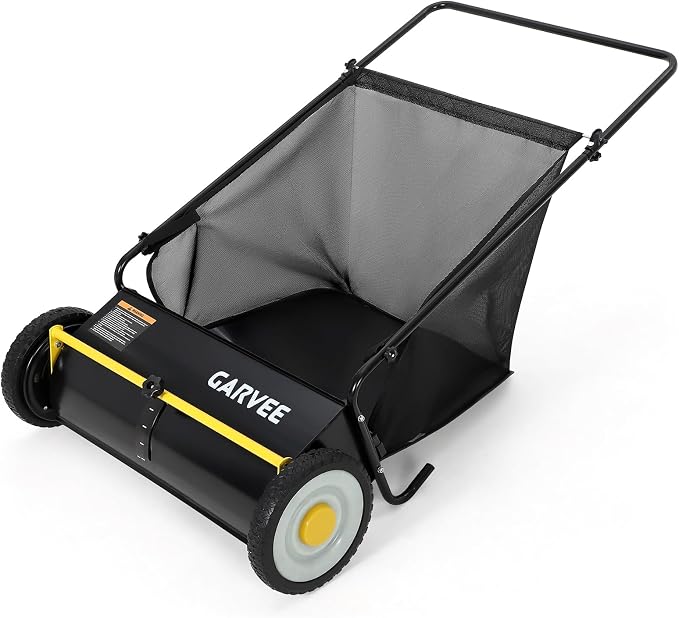 Garvee 26 Inch Push Lawn Sweeper, Leaf and Grass Collector with 7 Cu.ft Mesh Bag, 4 Spinning PP Brushes, Durable Steel Construction, Adjustable Height & Rubber Tires for Yard Cleanup