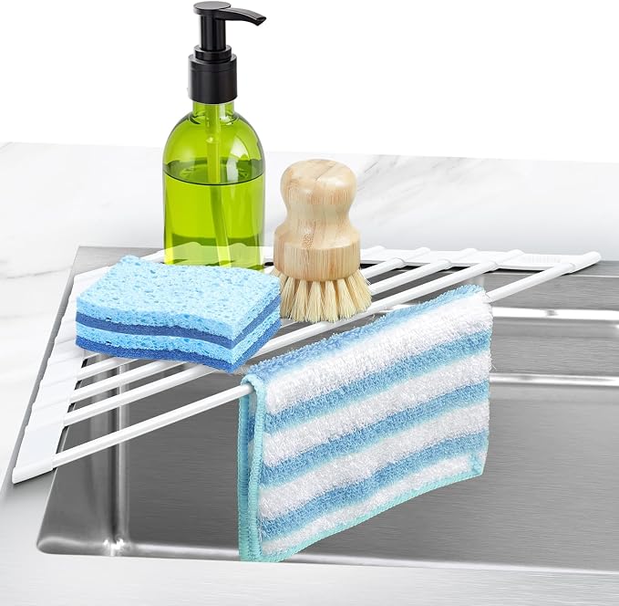 Ohuhu Corner Sink Strainer, Sponge Holder for Kitchen Sink Organizer - Silicone Wrapped Steel Anti Slip Rust Triangle Over the Sink Roll-UP Dish Drying Rack Caddy Kitchen Sink Accessories