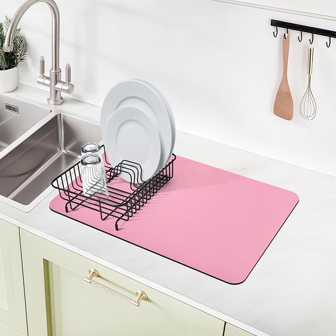 2PCS 12" x 19" Dish Drying Mat & 24" x 5.5" Faucet Mat for Kitchen Sink, Super Absorbent Kitchen Counter Mats & Sink Splash Guard, Easy to Clean Dish Rack Pad for Dishes Countertop, Pink