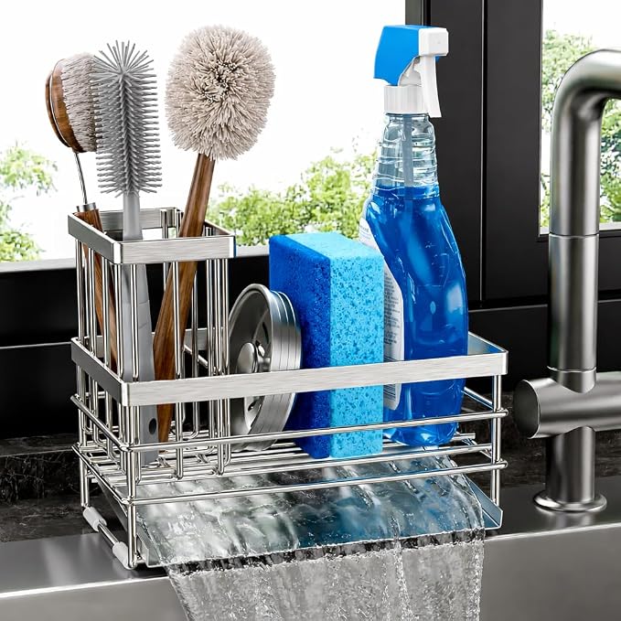 Cisily Sink Caddy Sponge Holder for Kitchen with Brush Holder and Stainless Steel Self Drain Tray, Rustproof Kitchen Sink Organizer for Sponge, Soap Dispenser Storage Accessories