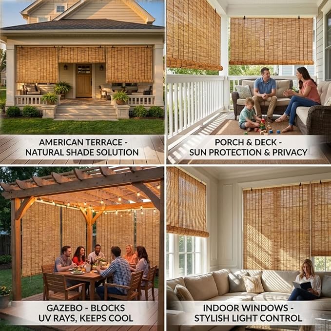 Bamboo Shades for Outdoor Patio Privacy 48" 52" 58" 68" 72" 74" 76" 78" W Light Filtering Bamboo Blinds Outdoor Roll up Shades for Porch Cordless Natural Blackout Bamboo Roller Blinds(26" W x 48" H)