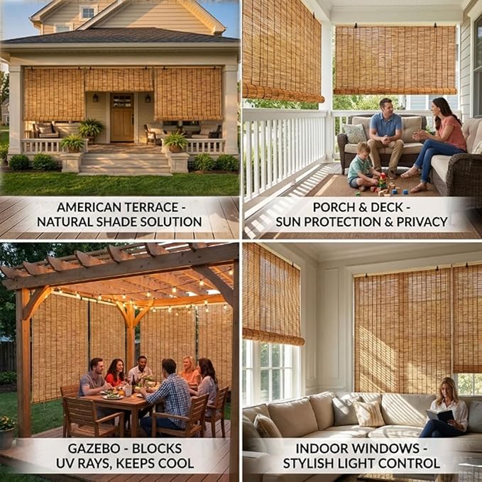 Bamboo Shades for Outdoor Patio Privacy 48" 52" 58" 68" 72" 74" 76" 78" W Light Filtering Bamboo Blinds Outdoor Roll up Shades for Porch Cordless Natural Blackout Bamboo Roller Blinds(42" W x 64" H)