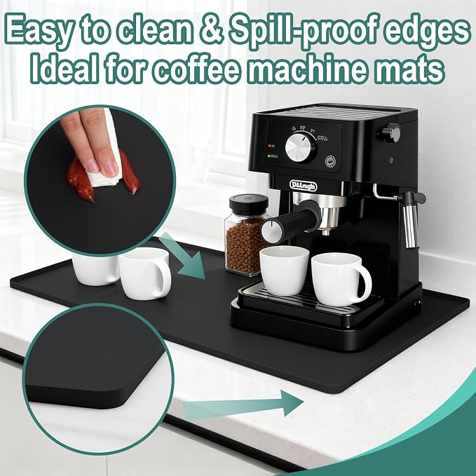 Silicone Coffee Mat, 24"X16" Heat-Resistant,Eco-friendly,Hygienic Drying Pad,Leak-Proof and Non-Slip,Removable Silicone Mat with Concave and Convex Design,（Black 24X16）