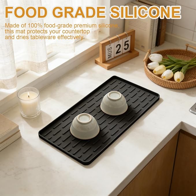 Silicone Coffee Mat, 16"X7" Heat-Resistant,Eco-friendly,Hygienic Drying Pad,Leak-Proof and Non-Slip,Removable Silicone Mat with Concave and Convex Design,（Black 16X7）