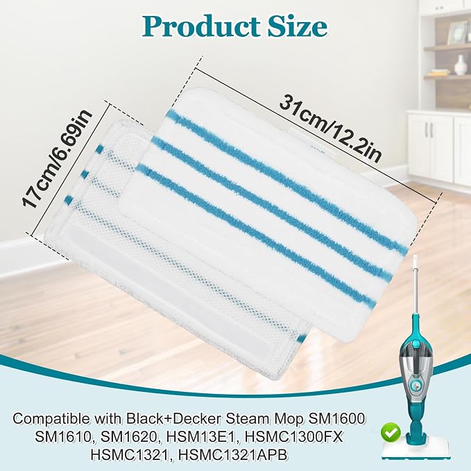 4Pack Steam Mop Pads Replacement for Black+Decker Steam Mop SM1600, SM1610, SM1620, HSM13E1, HSMC1300FX, HSMC1321, HSMC1361SG Cleaner Black and Decker Steam Mop Replacement Pads