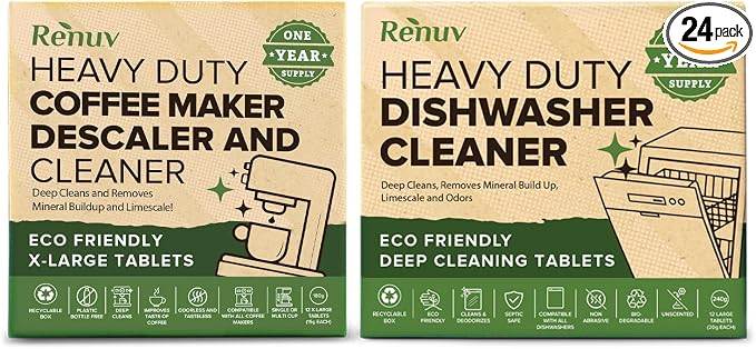 Renuv® Dishwasher Cleaner + Coffee Maker Cleaner Bundle, 12 Tablets Each | Heavy Duty Kitchen Appliance, Deep Cleaning, Descaling and Deodorizing