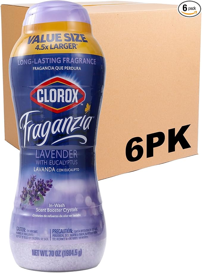 Clorox Fraganzia Laundry Scent Booster Crystals, In-Wash Fragrance Beads for Fresh-Smelling Clothes & Linens, Safe for All Fabrics & Colors, Easy-Pour Bottle, Lavender with Eucalyptus, 70 Oz - 6 Pack