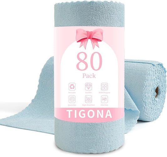 80 Pack Microfiber Cleaning Cloth Roll,Lint Free Rags & Tear Away Reusable Towels Washable Scratch,Ultra Absorbent Dish Rags(12" x 12") for Car Kitchen Home Garage-Blue