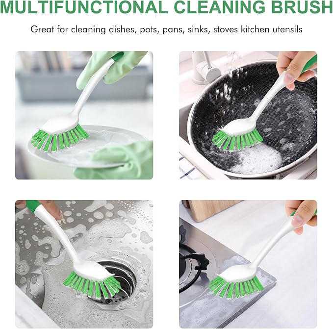 SetSail Dish Brush with Handle, 3 Pack Stiff Bristles Dish Scrubber with Built-in Scraper Dish Scrub Brushes for Cleaning Dishes, Pots and Pans, Kitchen Sink, Green