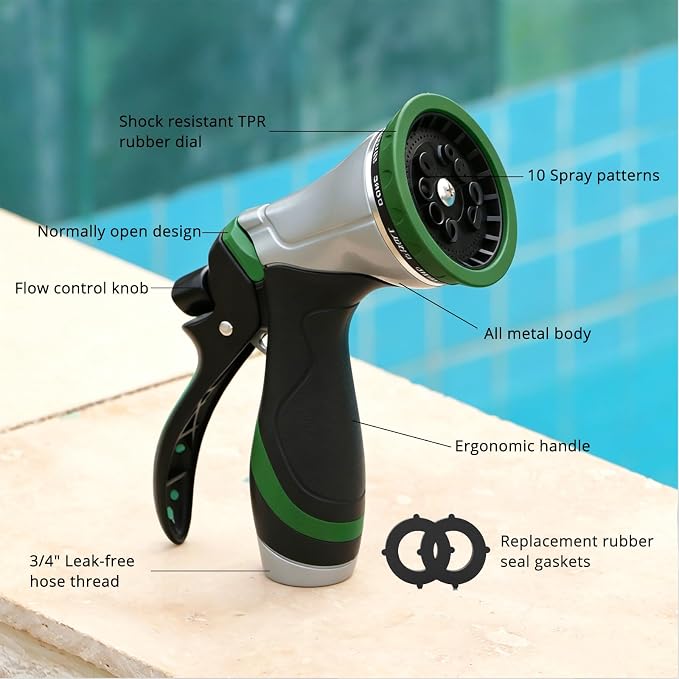 QUOBAS Metal Garden Hose Nozzle, Heavy Duty Water Hose Sprayer, Leak Proof | 10 Pattern Water Nozzle with Rubber Gasket, Garden Sprayer for Watering Plants, Washing Cars, Pet Shower, Green, 2-Pack