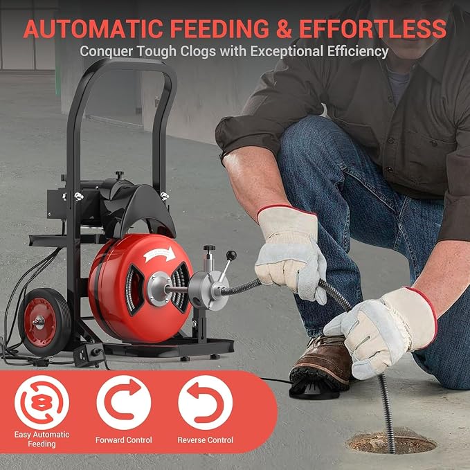 Garvee 100Ft 1/2 Inch Drain Cleaning Machine, 450W Portable Drain Cleaning Machine Auto Feed Electric Sewer Snake, Electric Drain Auger with 6 Cutter Air-Activated Foot Switch for 2" to 4" Pipes