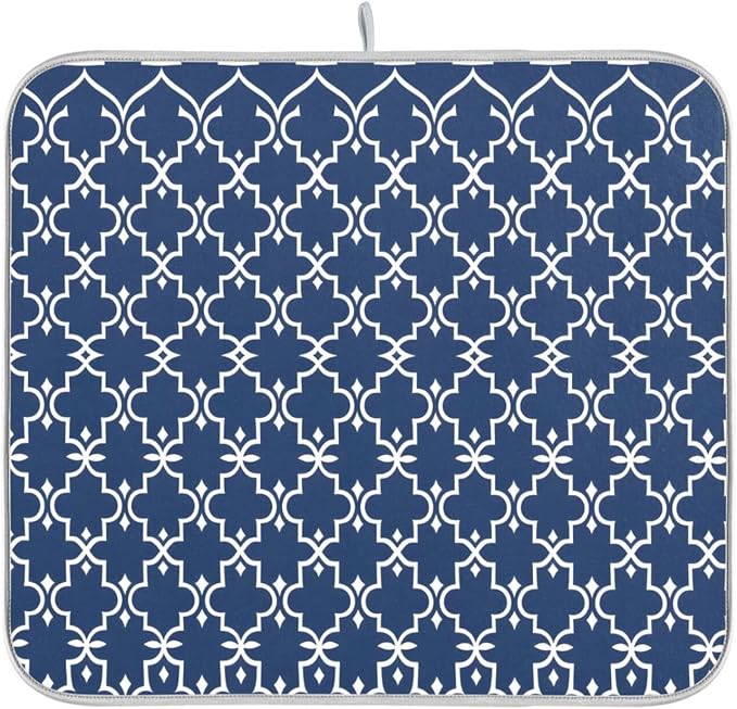 Super Absorbent Dish Drying Mat Microfiber Fast-Drying Dish Mat 24" x 18" Kitchen Dish Drying Pad Watercolor Cute Navy Blue Moroccan Mandala