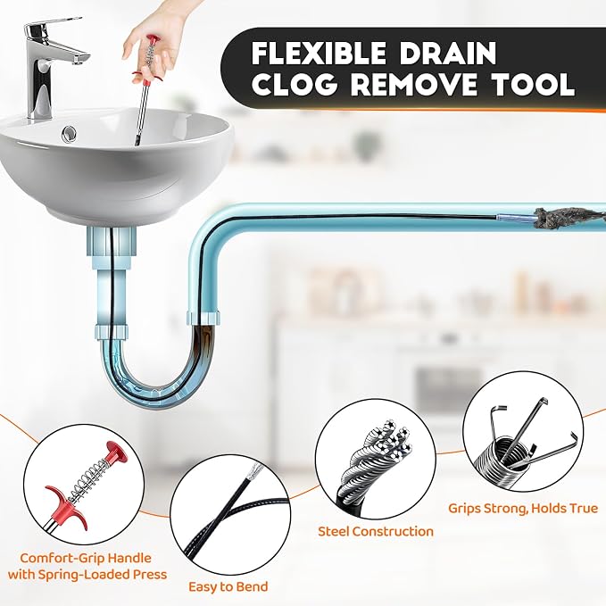 Flexible Grabber Claw (4 Claws), Drain Snake with Tweezers, Bendable Hose Grabber Reacher Tool, Retractable Drain Clog Remover Tool, Pickup Tool for Bath Tub, Toilet, Kitchen Sink & Sewer (24 inches)