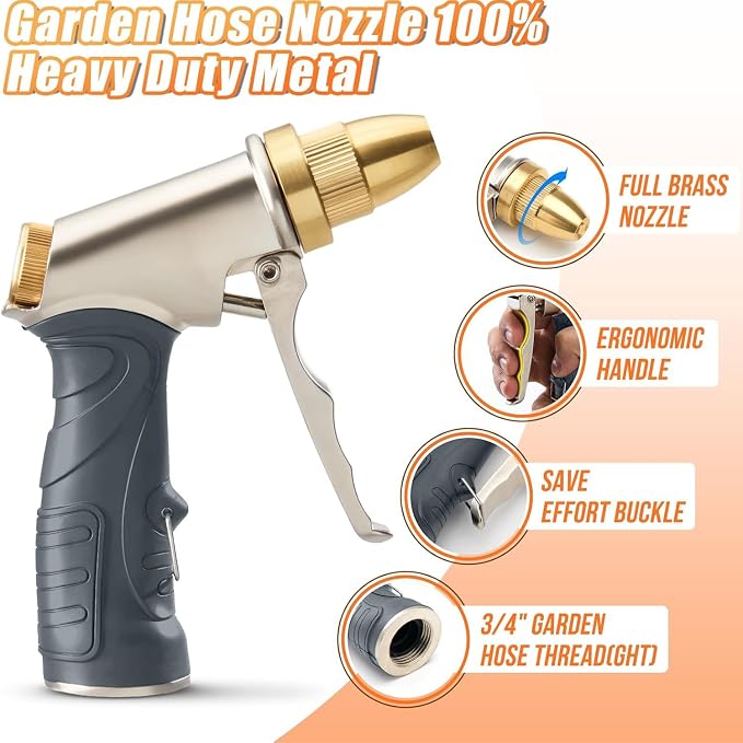 Hose Nozzle, 100% Heavy Duty Metal Garden Hose Spray Nozzle, Full Brass Nozzle High Pressure Water Hose Nozzles with Adjustable Spray Patterns for Watering Plants, Car Washing, and Pet Showering | Nozzle High Pressure Water Hose Nozzles with Adjustable...