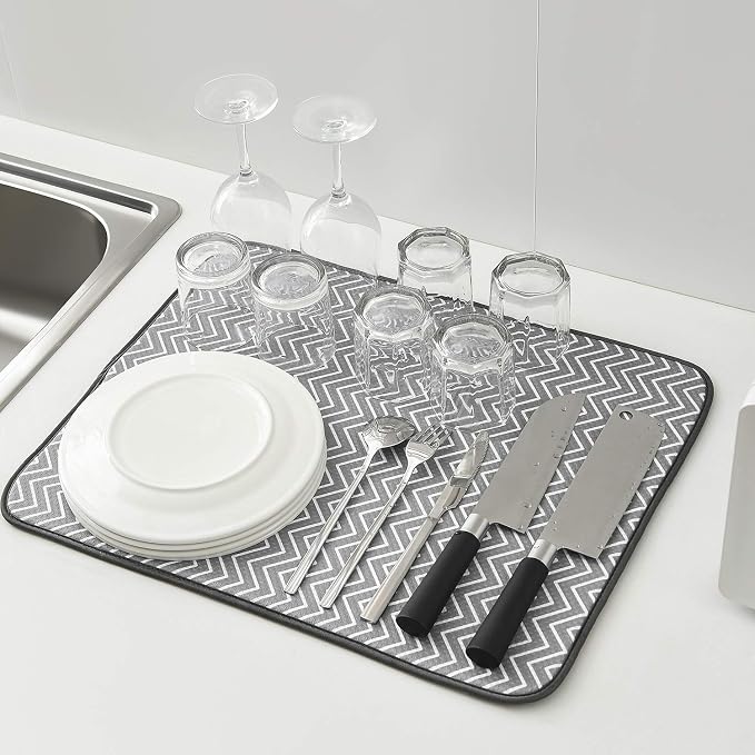 SUBEKYU Dish Drying Mat for Kitchen Counter, Microfiber Absorbent Dishes Drainer/Rack Pads under Sink, 19.6 by 16.1 inches, Set of 2, Grey, Ripple