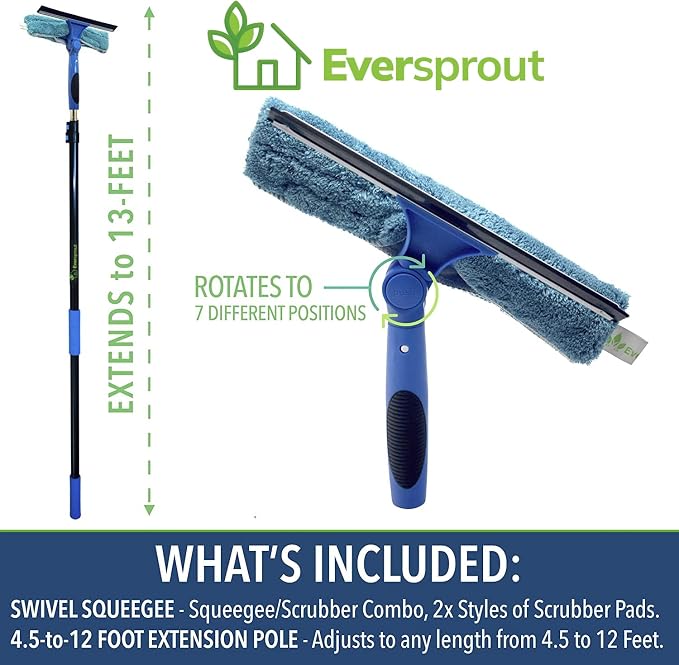EVERSPROUT Swivel Squeegee & Microfiber Window Scrubber, 5 to 12ft Pole | 2-in-1 Window & Glass Cleaning Combo, Swivels to 7 Angles, 10-inch Blade, 20ft Standing Reach, Machine Washable, Non-Slip