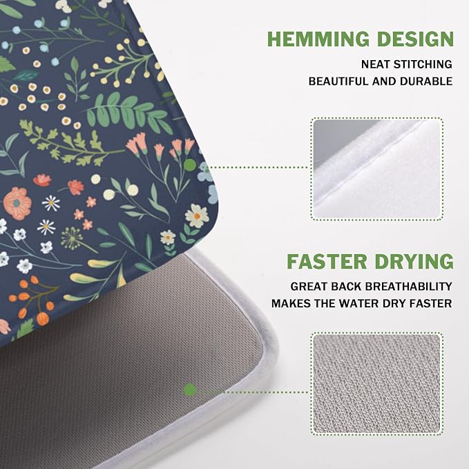 Floral Dish Drying Mat for Kitchen Counter Rustic Flower Leaves Print Microfiber Dish Drainer Mat Farmhouse Floral Absorbent Washable Drying Pad 16"x18"