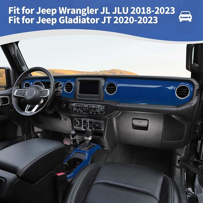 RT-TCZ for Wrangler JL Dash Trim Cover Blue, Gear Shift Panel Trim Frame for Jeep Wrangler JL JLU Gladiator JT 2018-2023 Blue Interior Accessories 3pcs