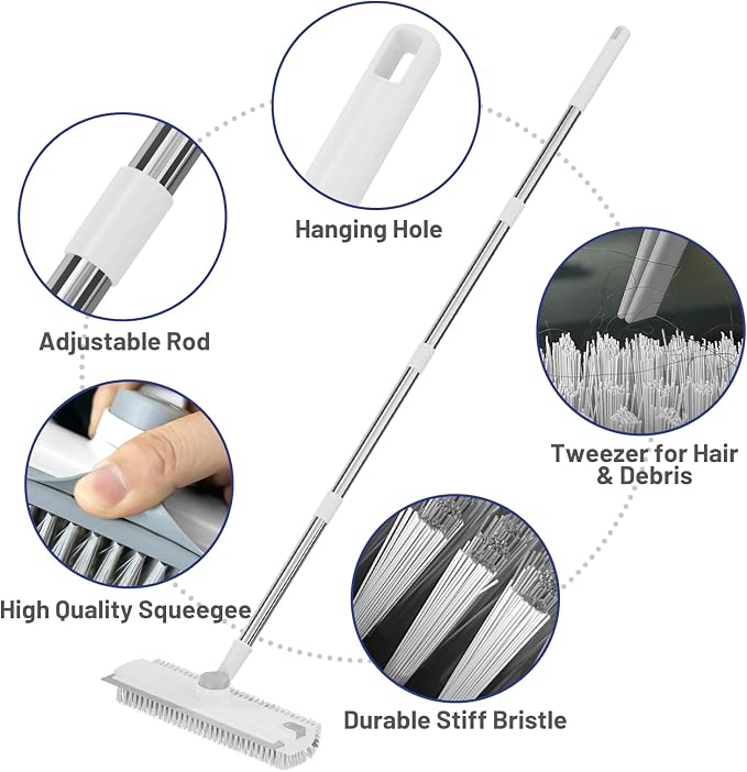 3 in 1 Floor Scrub Brush with Long Handle & Squeegee | Heavy-Duty, Adjustable, 360° Rotating Head for Cleaning Tile Bathroom Deck Kitchen Patio, White