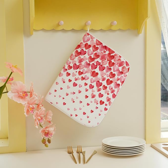 Valentines Dish Drying Mat 18x24 Inch Watercolor Red Pink Love Hearts Drying Mat Anniversary Day Holiday Absorbent Dish Drying Pad Dish Rack Drainer Mats for Kitchen Dining Counter