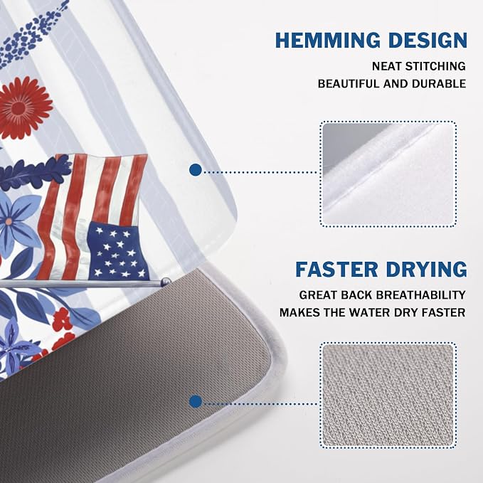 Patriotic Floral Dish Drying Mat for Kitchen Counter 4th of July American Flag Microfiber Dish Drainer Mat Red and Blue Flower Absorbent Washable Drying Pad 18"x24"