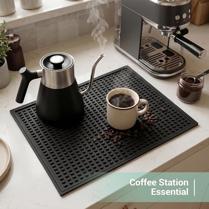Rubber Bar Mat for Counter, Black 2 Pack 12"x18" grip-friendly Coffee Bar Mat, Heat Resistant & Spill-proof Countertop Protector Mat for Kitchen, Home Bar, Coffee Station, Easy Clean Dish Drying Mat