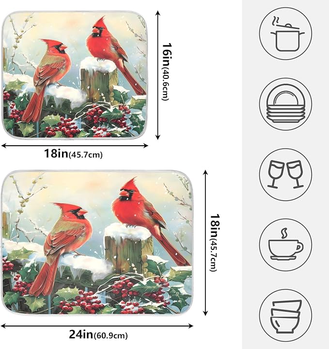 Winter Birds Snowflakes Berry Dish Drying Mat for Kitchen Counter Absorbent Microfiber Small Christmas Drying Pad Dish Mats for Kitchen Countertops 16 x 18 Inch