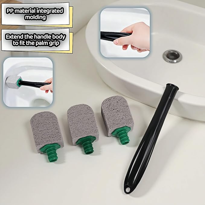 Pumice Toilet Bowl Cleaning Stone with Handle, Replaceable Heads, Natural Pumice Scrubber for Hard Water Stains, Multi-Surface Safe, 9.5 Inch, 3 Refills Included