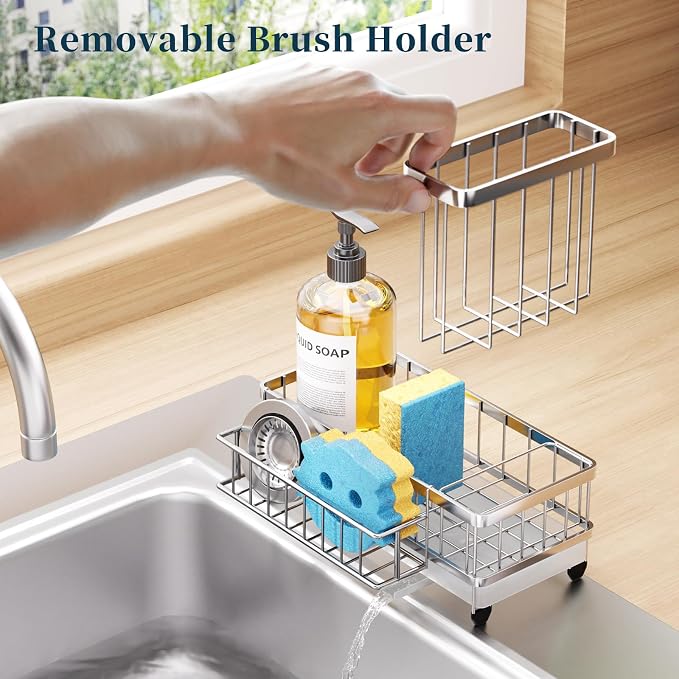 Consumest Sponge Holder for Kitchen Sink - Auto Draining Sink Caddy Organizer with Detachable Rack, High Brush Holder, Kitchen Countertop Storage Accessories, Silver
