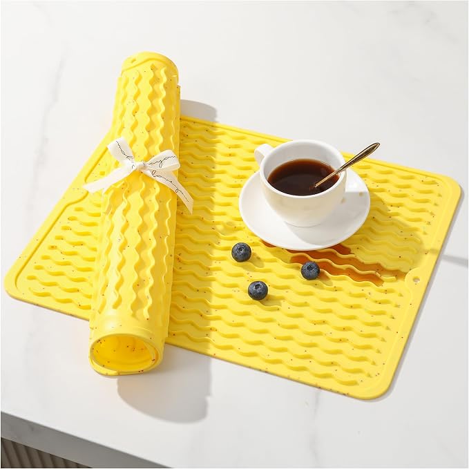 CAKETIME 2 Pack Multicolor Silicone Dish Drying Mat for Kitchen Counter Cooking Washable Placemats Coffee Station Accessories Under Sink Protector Stone Rack Trays Drain Appliance 15"x11.5" Yellow
